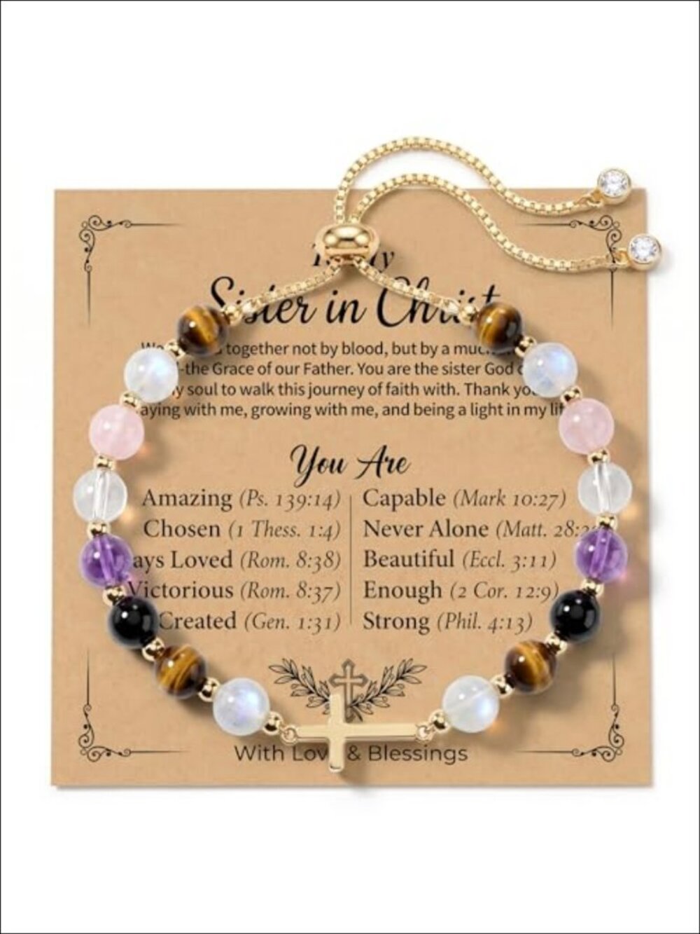 Gold Cross Charm Bracelet Natural Gemstone Beaded Adjustable Christian Gift